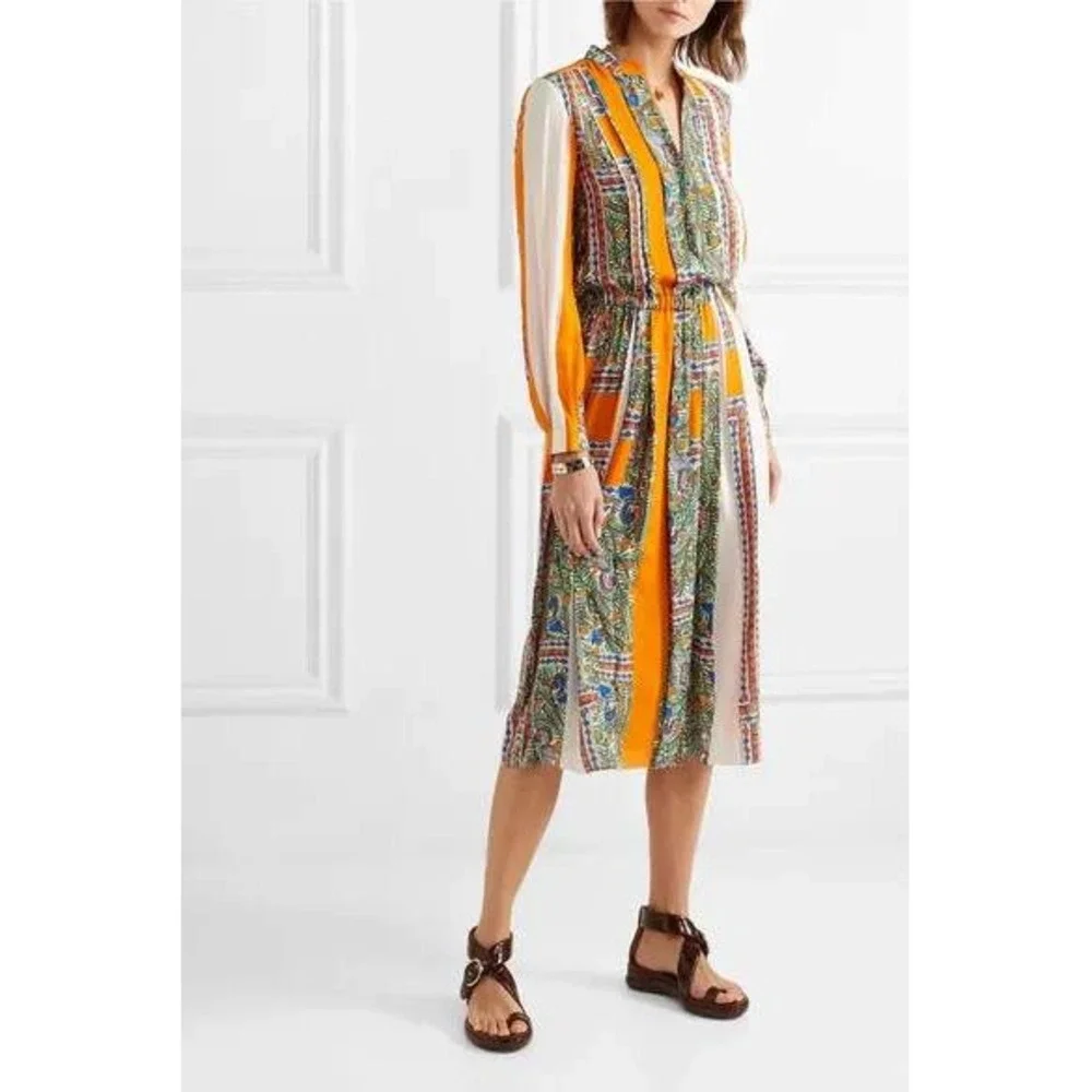 Tory Burch Orange Cream Silk Geometric Botanical Print Midi Dress Size‎ 2